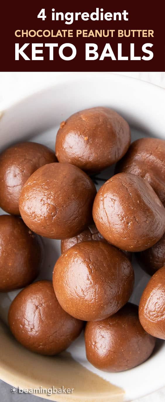Keto Balls: just 4 ingredients for delicious chocolate keto peanut butter balls. Easy to make, ready in minutes and no bake! #Keto #PeanutButter #KetoBalls #NoBake | Recipe at BeamingBaker.com