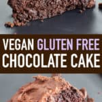 Vegan Gluten Free Chocolate Cake Recipe: this gluten free dairy free cake yields moist & rich chocolate cake covered in irresistible creamy chocolate frosting! My favorite vegan gluten free cake recipe! #GlutenFree #Vegan #Cake #Chocolate #DairyFree | Recipe at BeamingBaker.com
