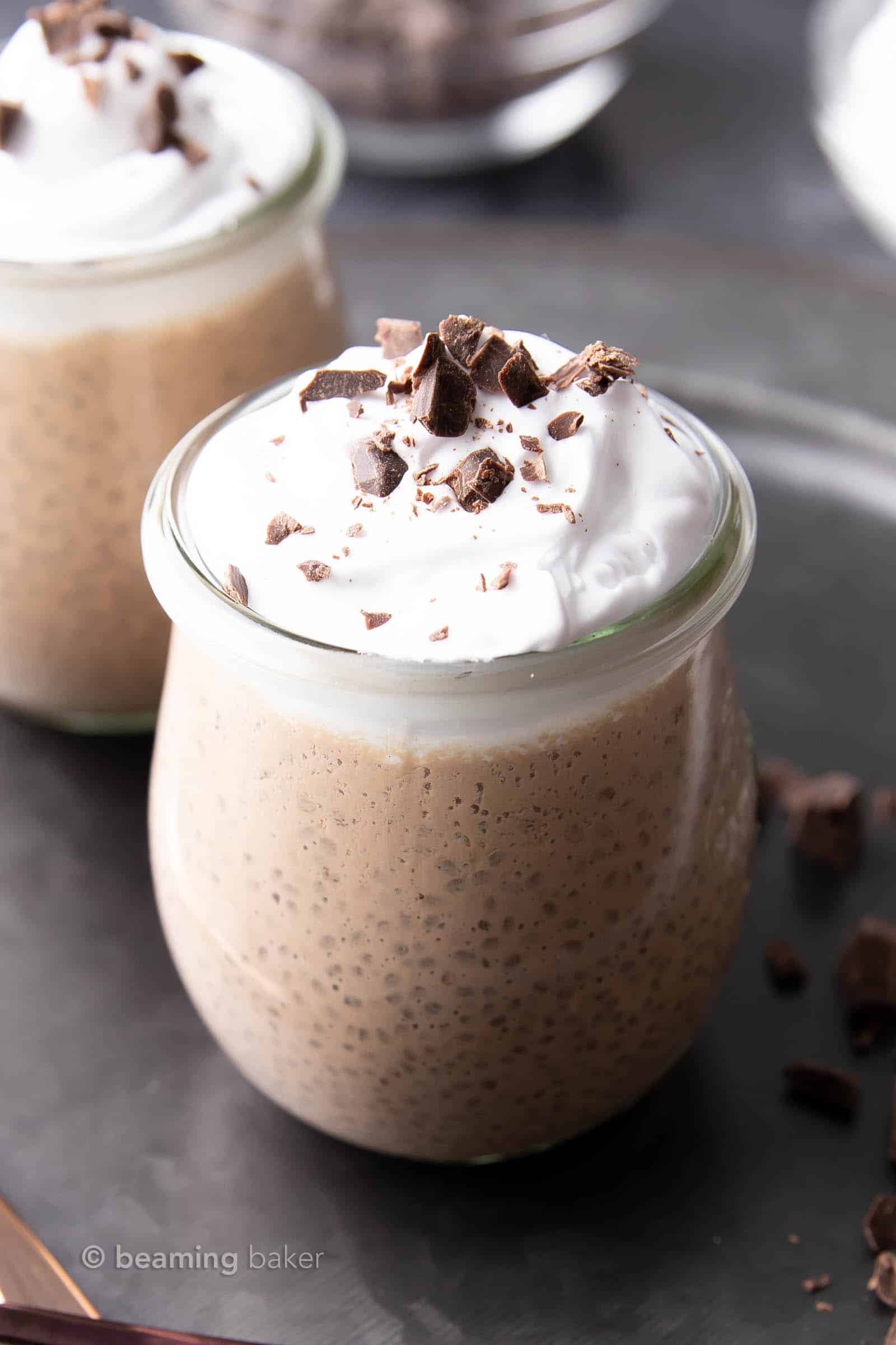My Favorite Chocolate Chia Pudding Recipe: make rich & creamy vegan chocolate chia seed pudding in 5 minutes! Filling, satisfying and delicious! Vegan, Dairy-Free. #ChiaPudding #ChocolateChiaPudding #Vegan #ChiaSeeds | Recipe at BeamingBaker.com