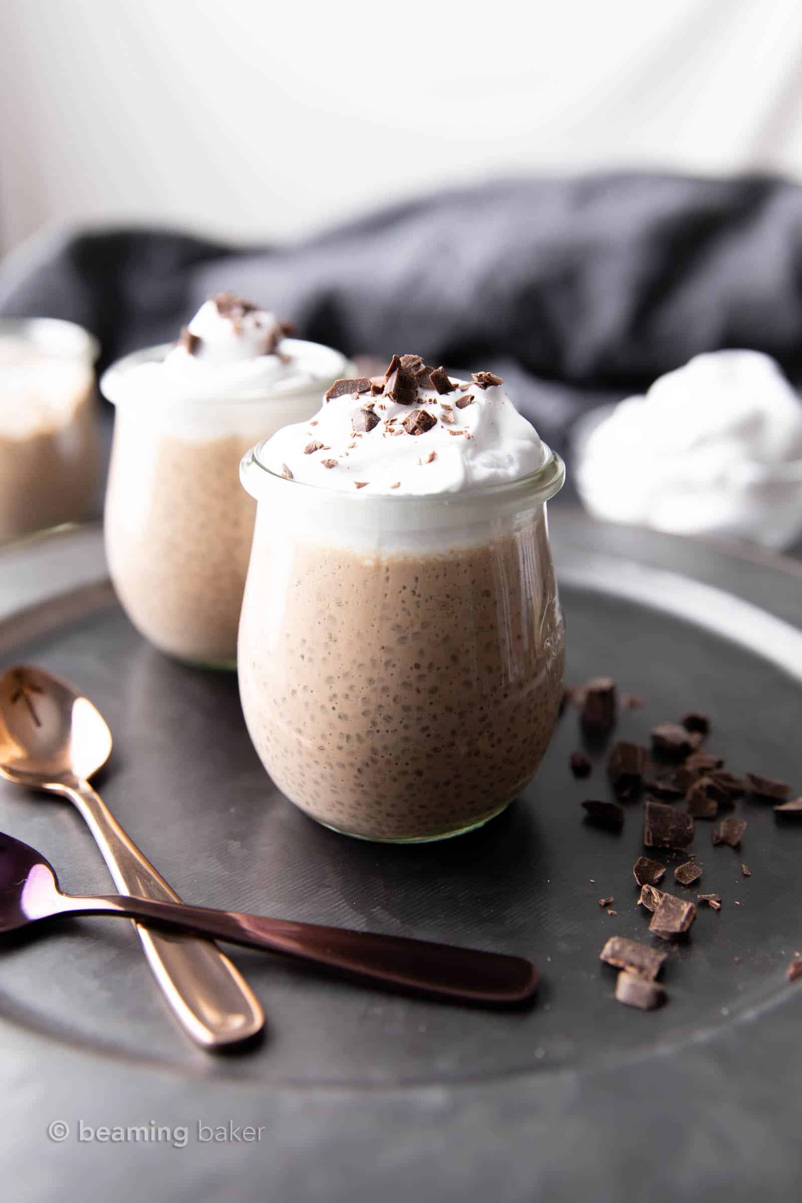 My Favorite Chocolate Chia Pudding Recipe: make rich & creamy vegan chocolate chia seed pudding in 5 minutes! Filling, satisfying and delicious! Vegan, Dairy-Free. #ChiaPudding #ChocolateChiaPudding #Vegan #ChiaSeeds | Recipe at BeamingBaker.com