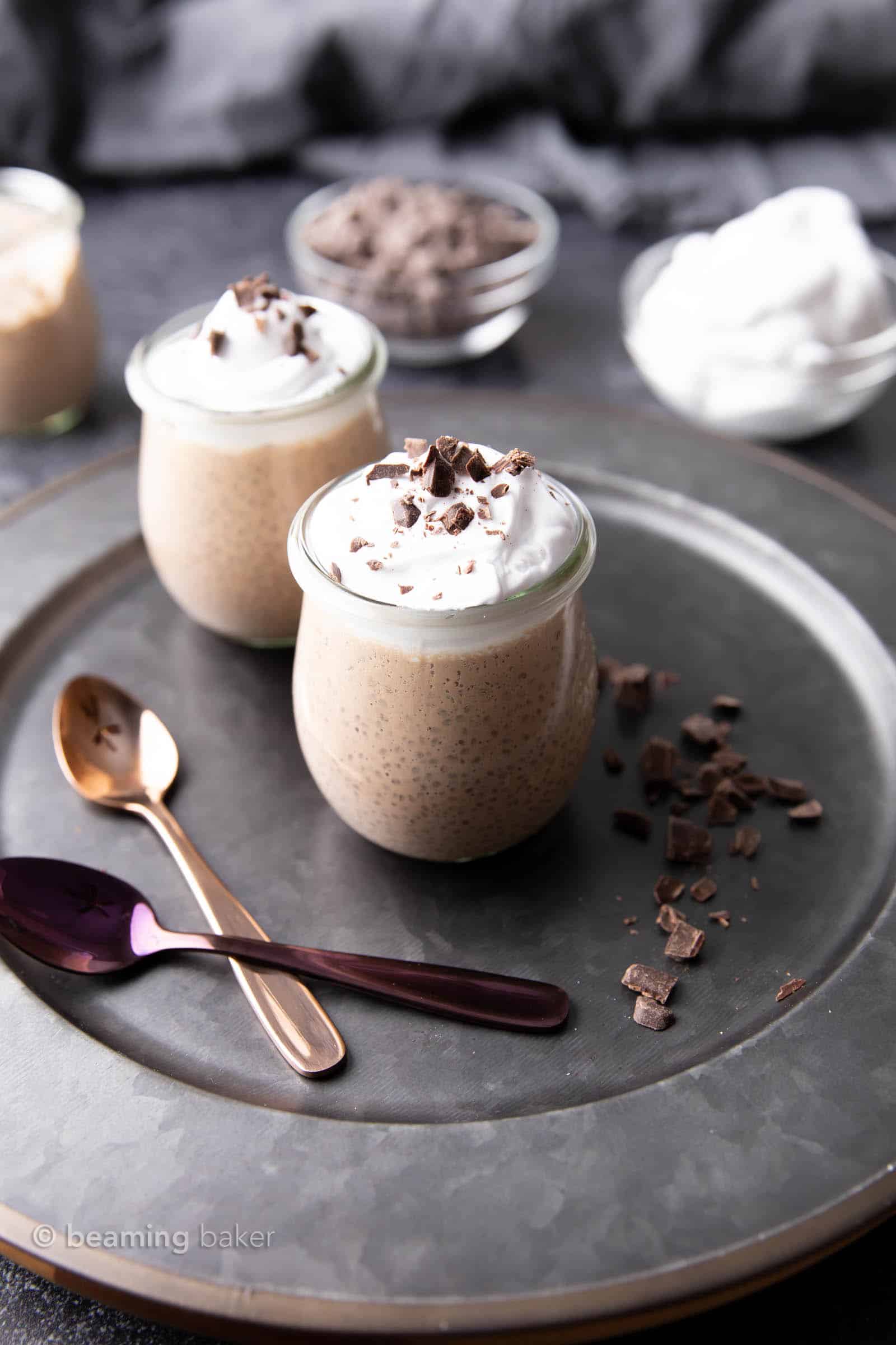 My Favorite Chocolate Chia Pudding Recipe: make rich & creamy vegan chocolate chia seed pudding in 5 minutes! Filling, satisfying and delicious! Vegan, Dairy-Free. #ChiaPudding #ChocolateChiaPudding #Vegan #ChiaSeeds | Recipe at BeamingBaker.com