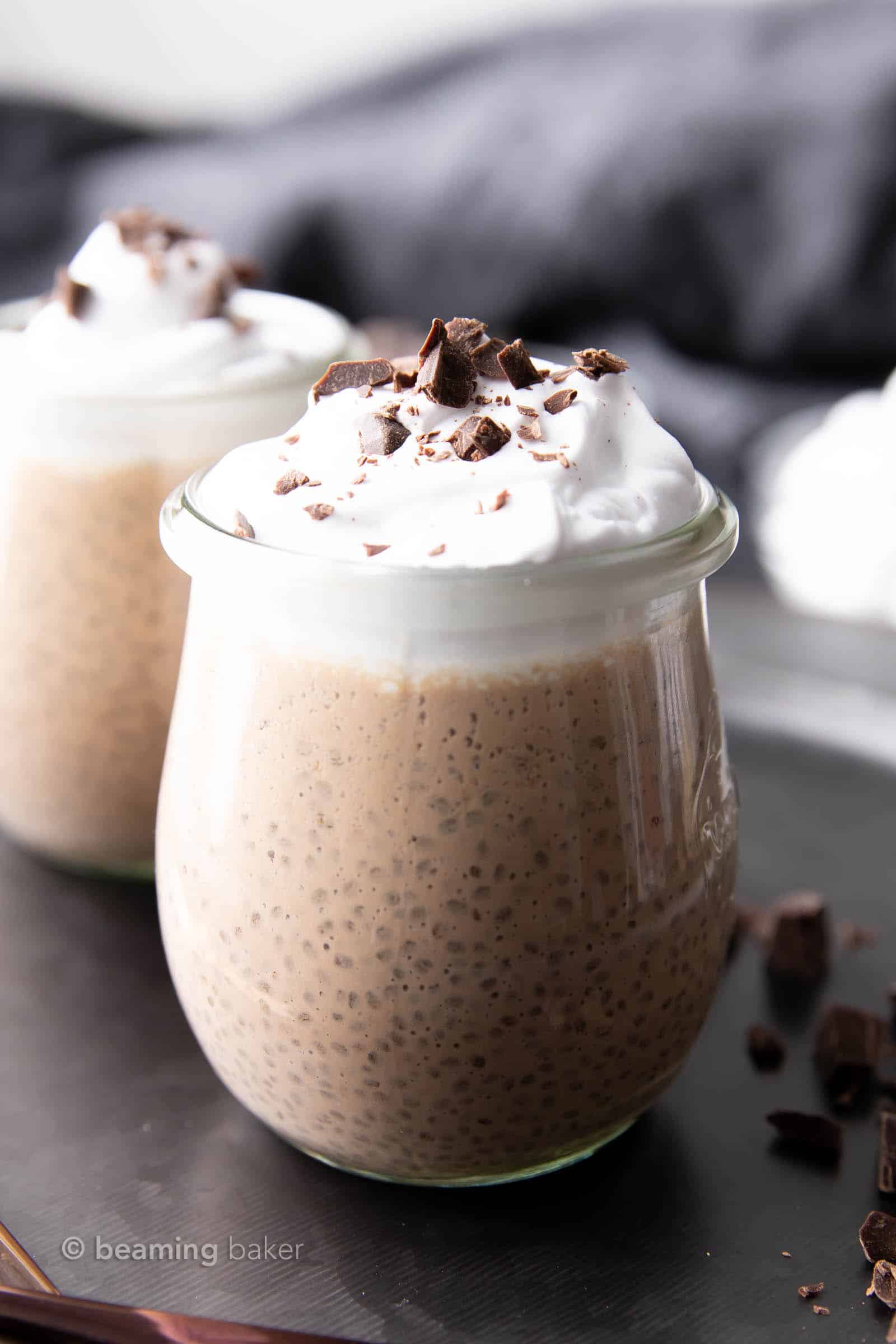 My Favorite Chocolate Chia Pudding Recipe: make rich & creamy vegan chocolate chia seed pudding in 5 minutes! Filling, satisfying and delicious! Vegan, Dairy-Free. #ChiaPudding #ChocolateChiaPudding #Vegan #ChiaSeeds | Recipe at BeamingBaker.com