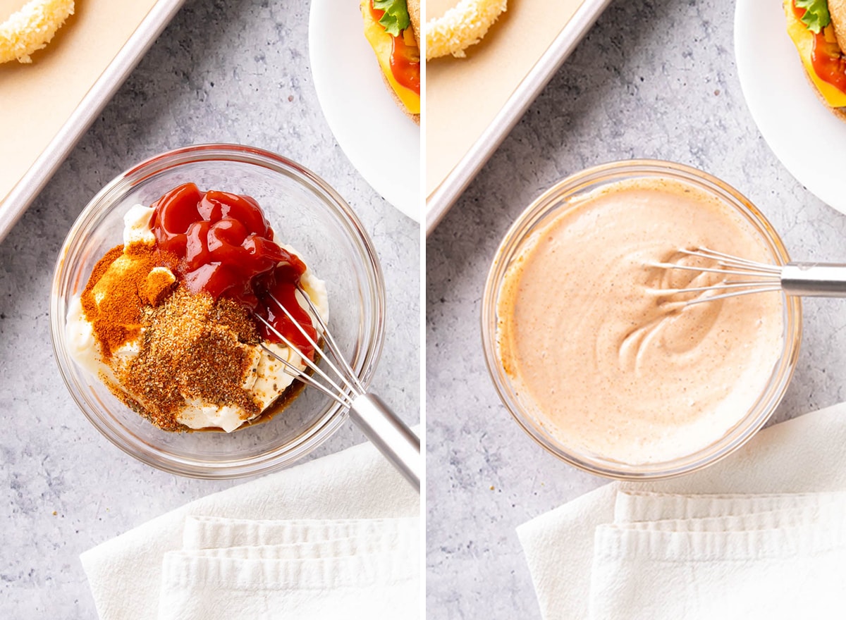 Two photos showing How to Make Onion Ring Sauce – beginning to whisk the ingredients together and then having the sauce completely mixed up.
