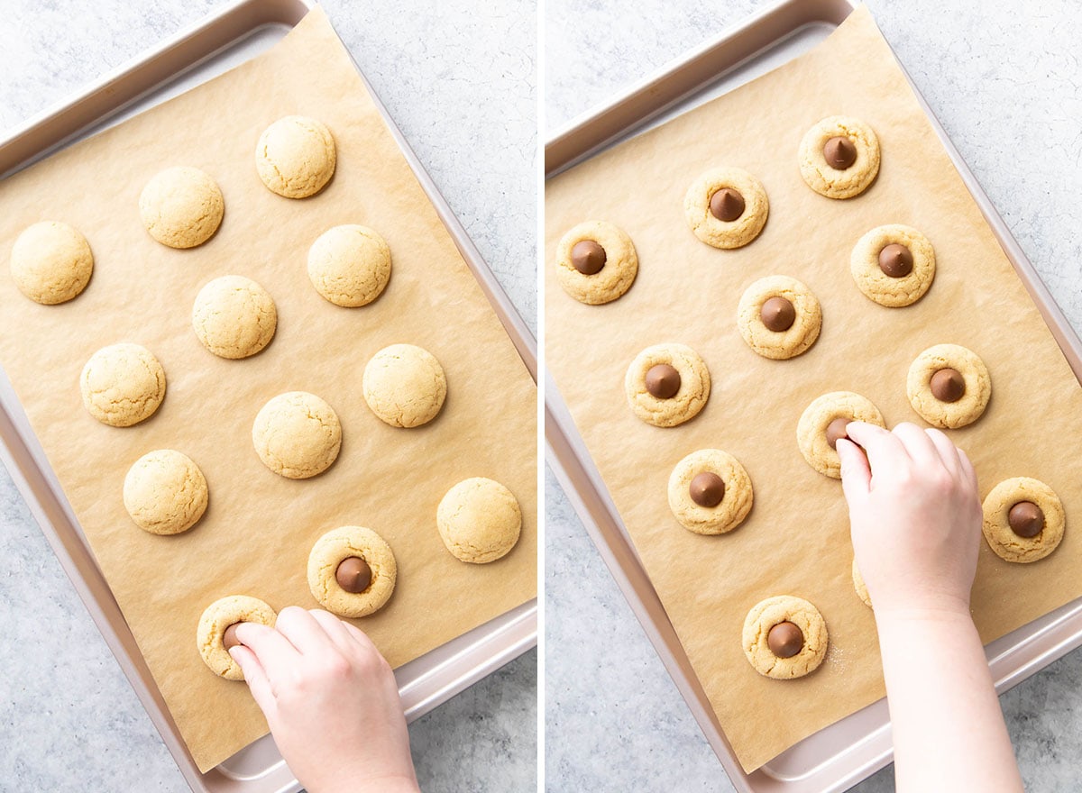 Two photos showing How to Make these cookies with chocolate kisses – pressing hersheys kisses into each semi-baked cookie