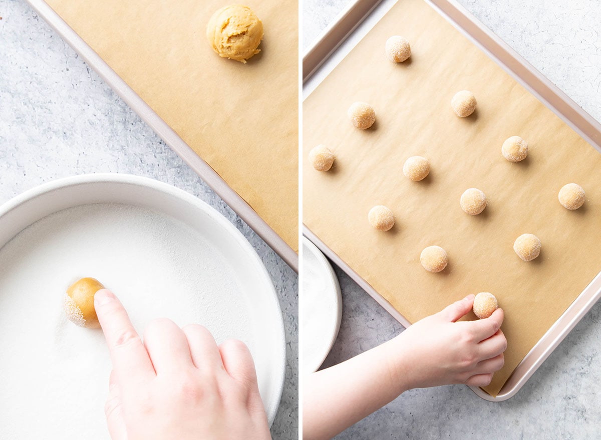 Two photos showing How to Make these peanut butter and Hershey’s kisses-topped treats – rolling cookies in sugar before baking