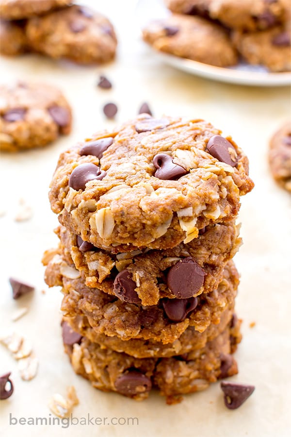 Peanut Butter Chocolate Chip Oatmeal Cookies (V+GF): An easy recipe for soft, deliciously textured cookies with oats, coconut, and LOTS of peanut butter and chocolate. #Vegan and #GlutenFree | BeamingBaker.com