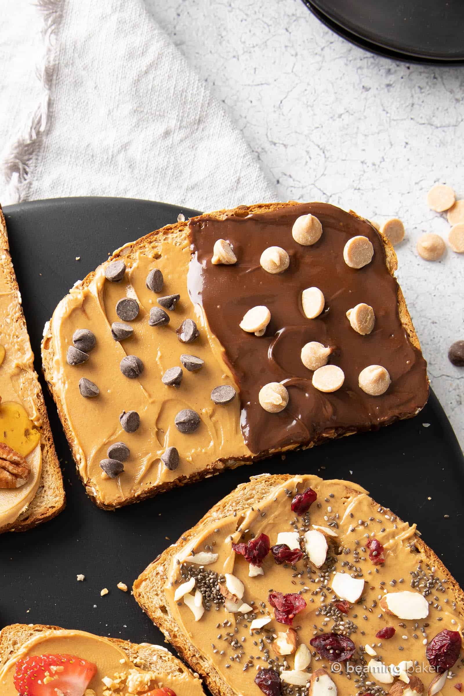 The half and half recipe shown here is an example of what to put on peanut butter toast with Nutella and peanut butter spread as well as chocolate chips and peanut butter chips