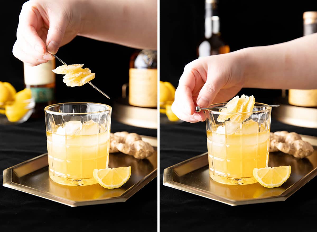 Two photos showing how to make this drinks recipe – adding ginger skewer garnish