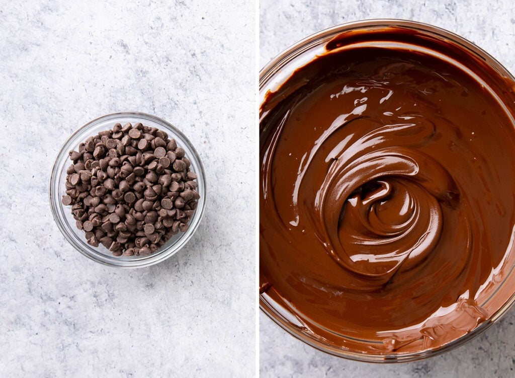 Two photos showing How to make Peppermint Bark – melting semi-sweet chocolate until smooth