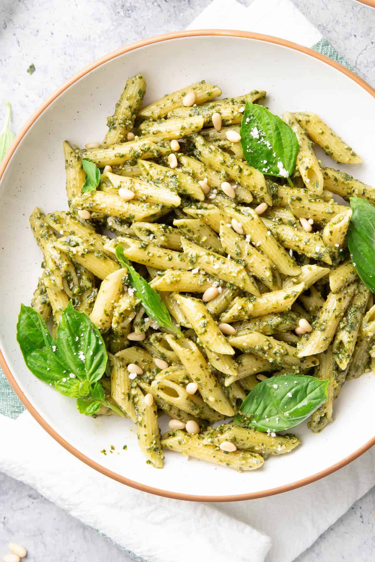Pesto Pasta in a white pasta bowl