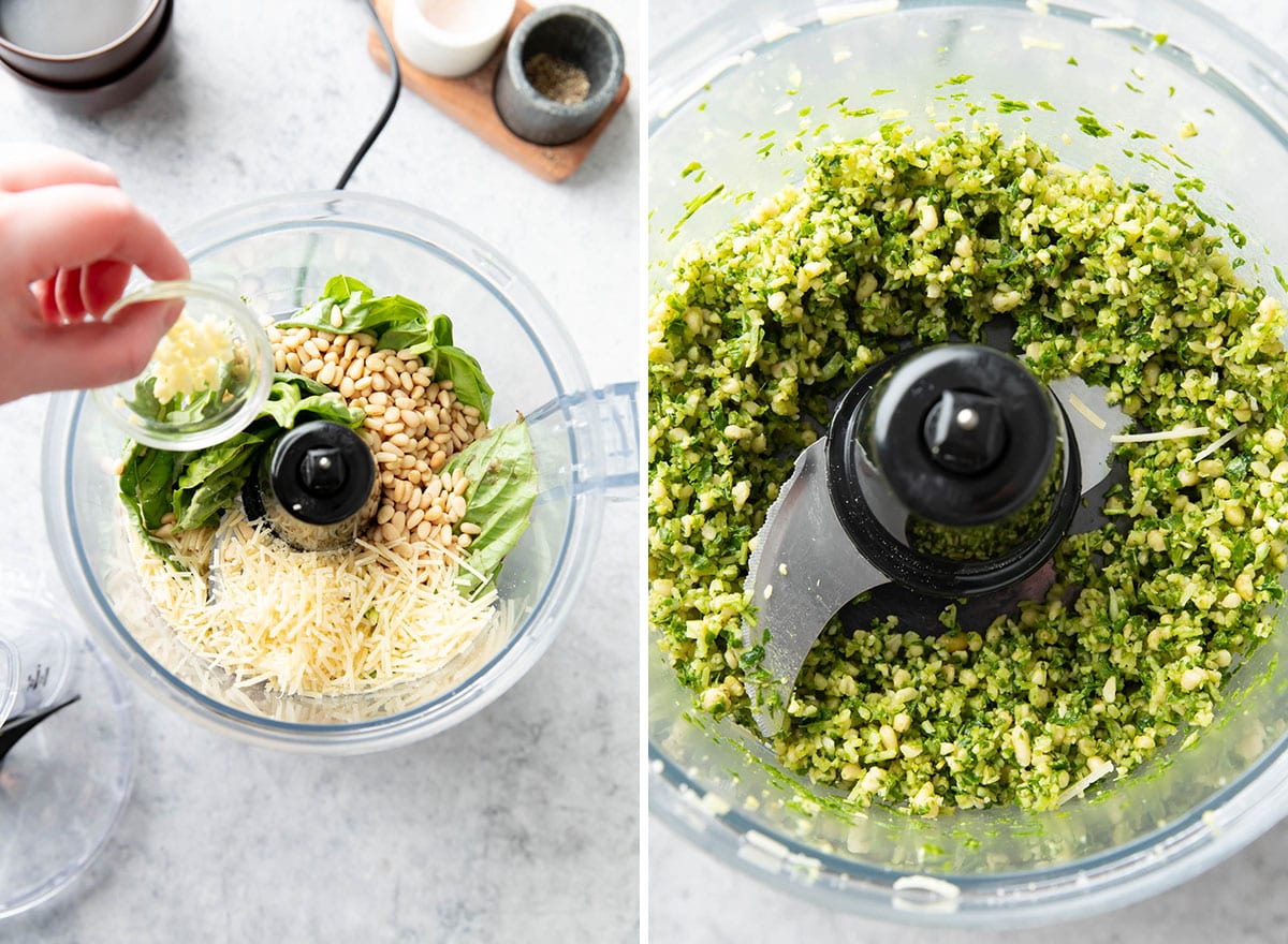 Making pesto - adding garlic into food processor filled with basil, parmesan, pine nuts, and salt.