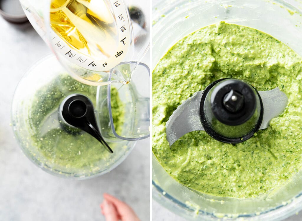 Making pesto – adding oil to emulsify pesto into creamy sauce