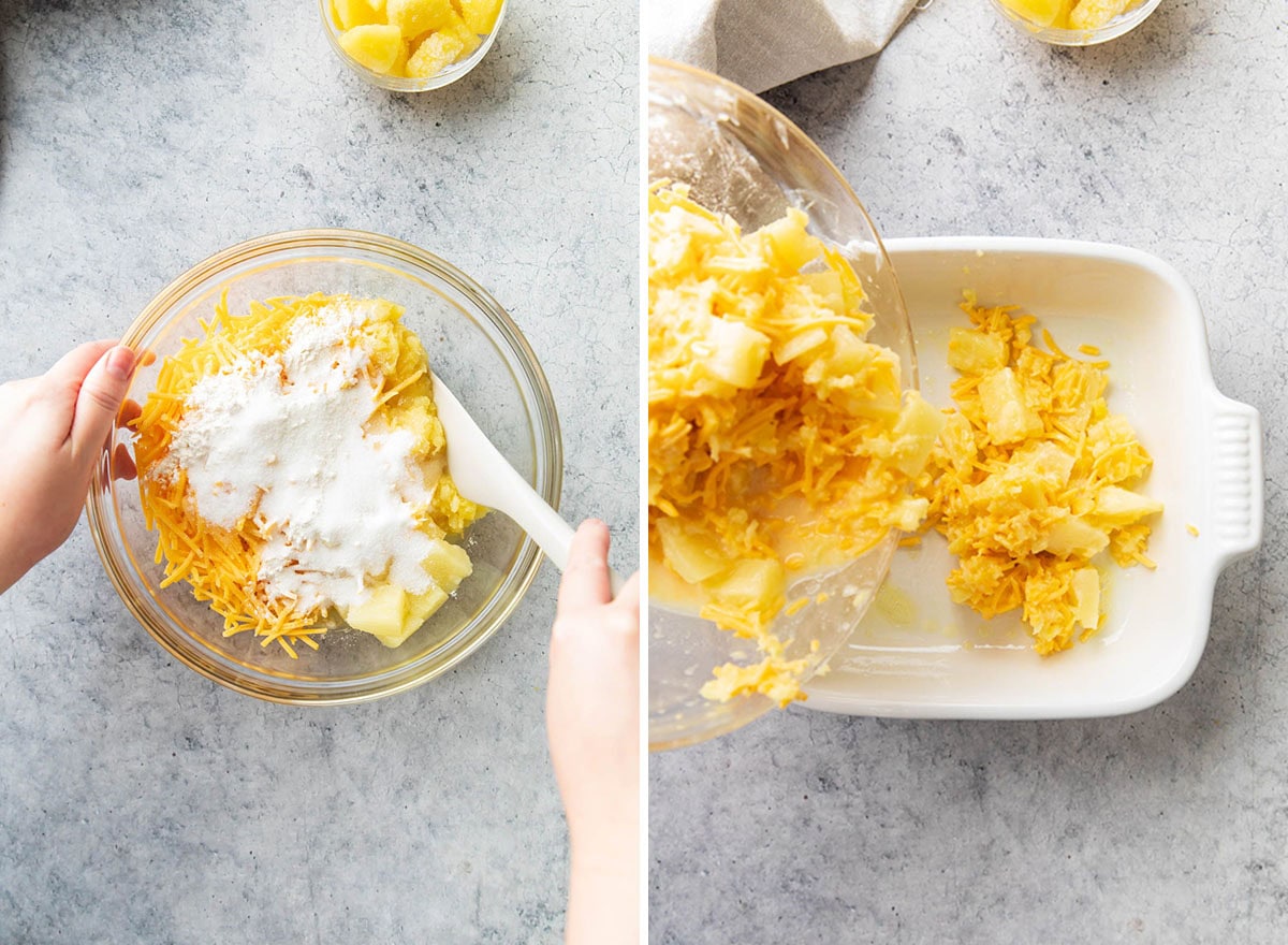 Two photos showing How to Make Cheesy Pineapple Casserole - pouring pineapple and cheese mixture into a casserole dish