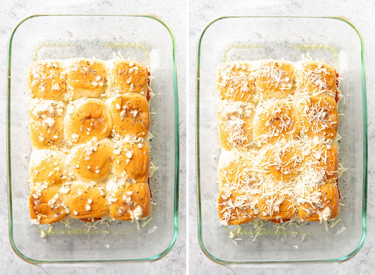 Two photos showing How to Make this Italian dinner recipe – showing seasoning, cheese, and butter topping over bread
