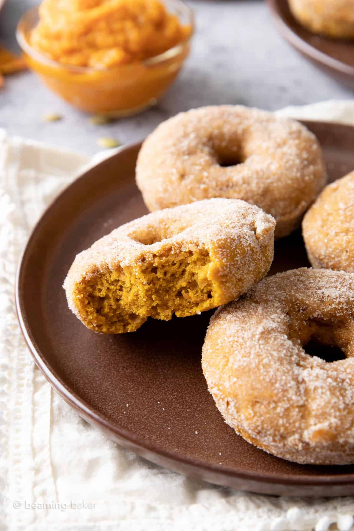 half eaten pumpkin donuts on a brown plate.