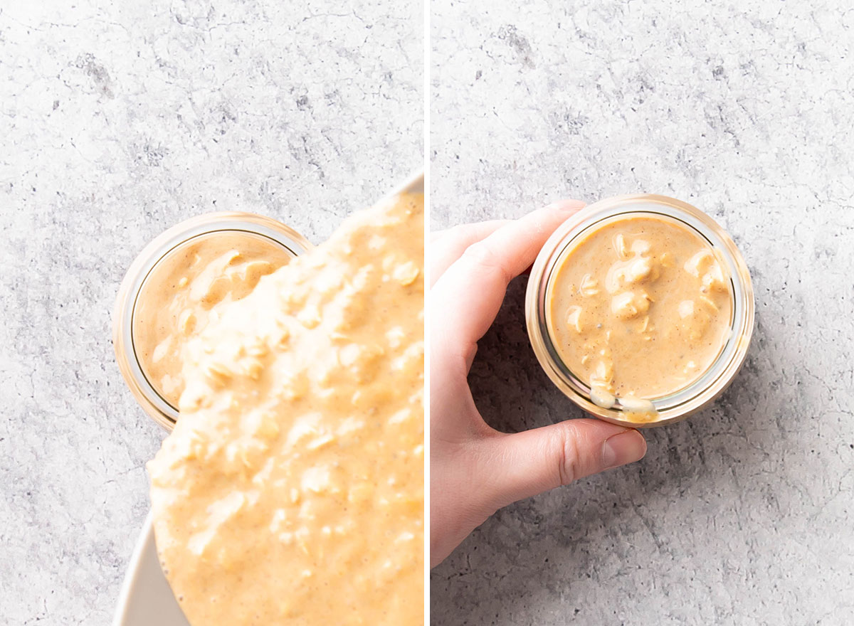 Two photos showing How to Make this easy breakfast recipe – pouring mixture into resealable glass jars for storing in the fridge