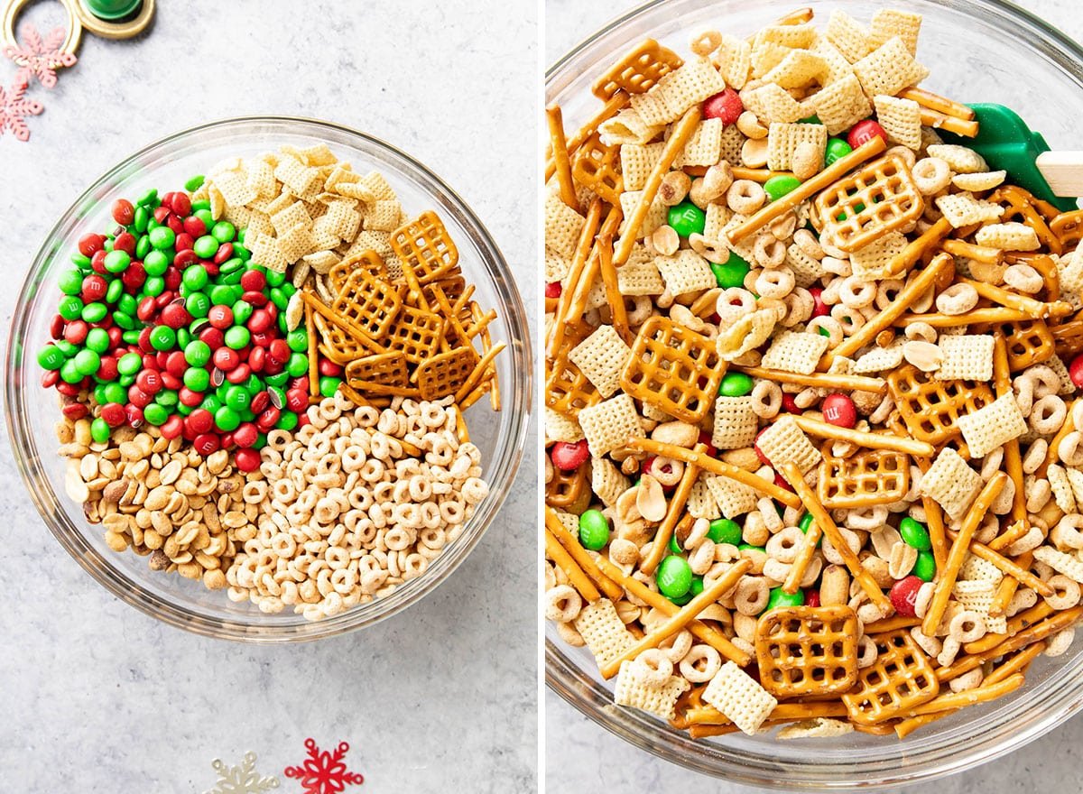 Two photos showing How to Make Reindeer Chow – stirring dry ingredients together