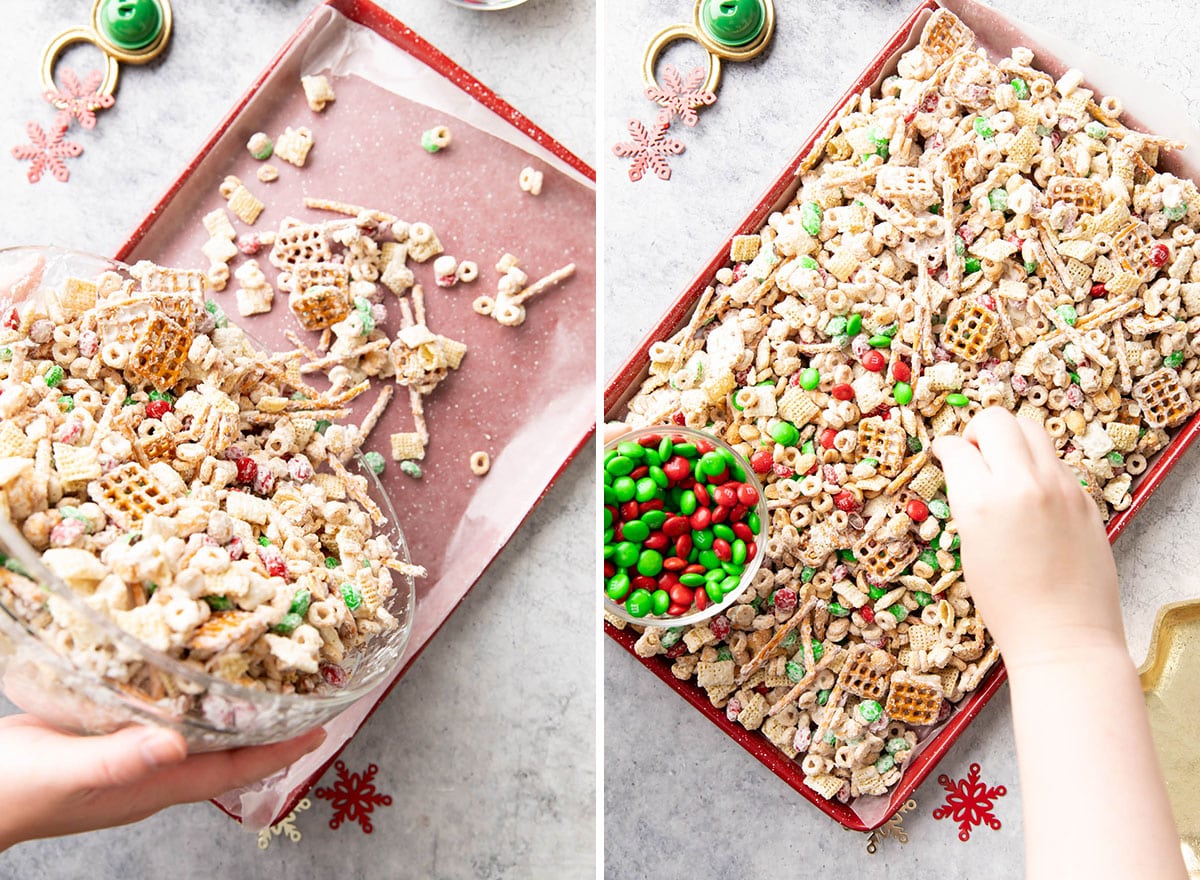 Two photos showing How to Make this Christmas puppy chow – pouring onto lined baking sheet to cool and harden and adding red and green M&M’s
