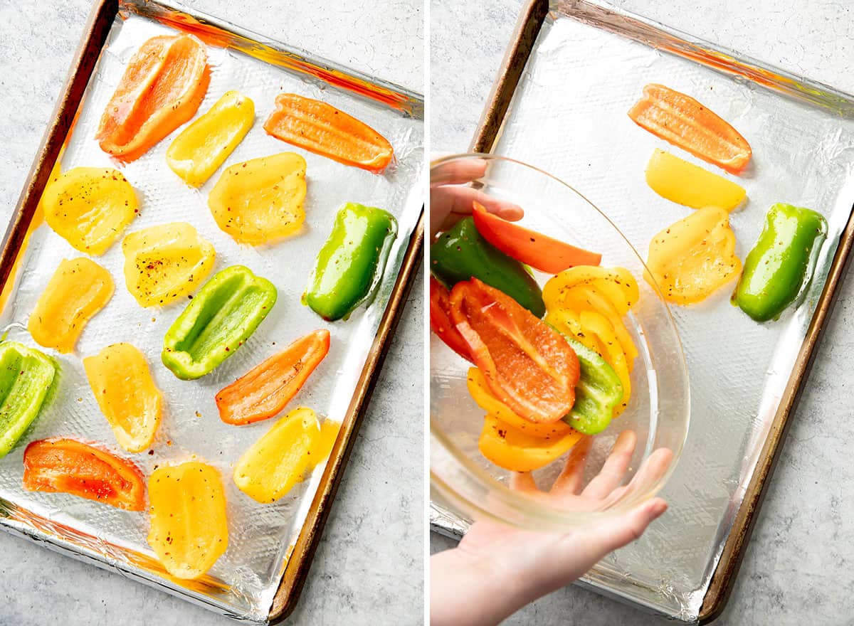 Two photos showing How to make this recipe – pouring ingredients onto baking sheet