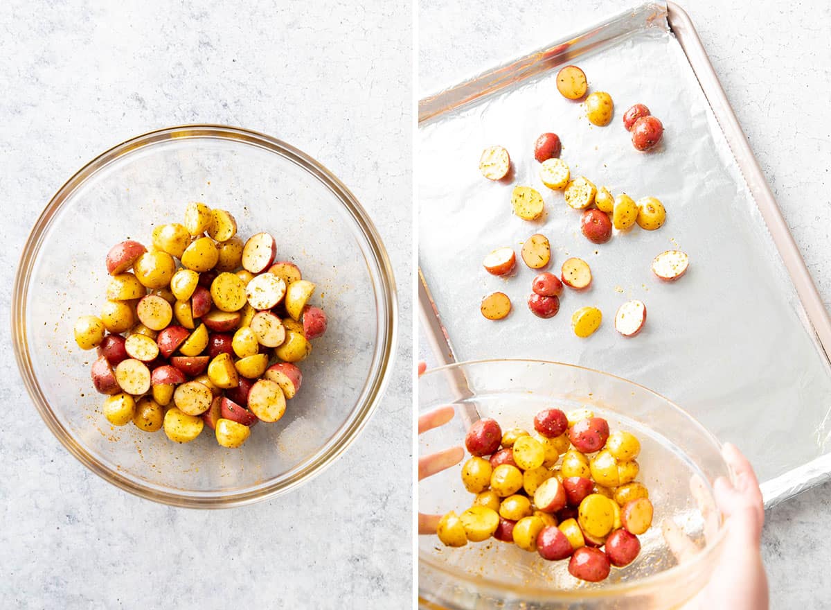 two photos showing how to make roasted green beans and potatoes - pouring seasoned potatoes onto baking sheet
