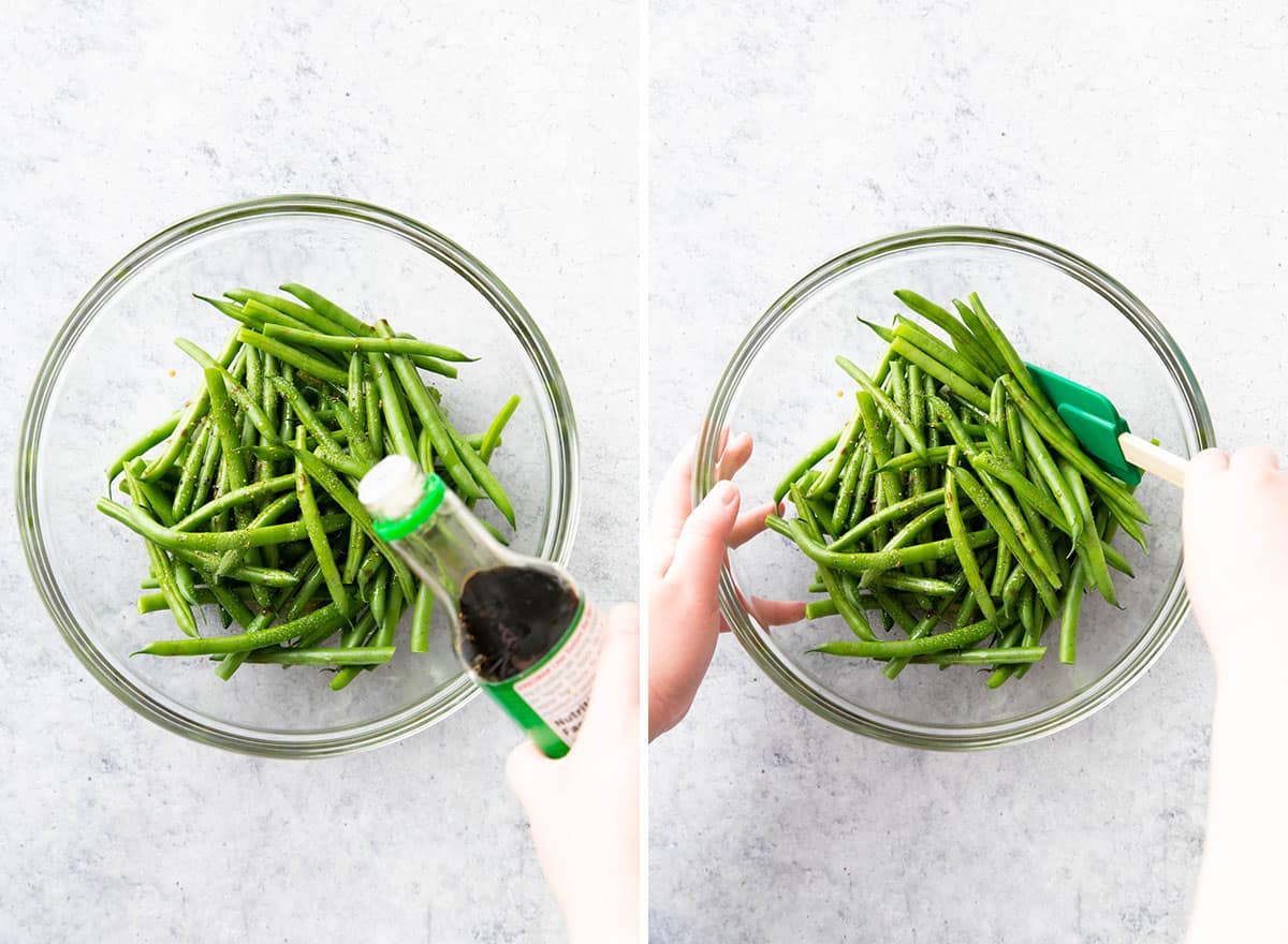 two photos showing how to make this recipe - pouring sauce and stirring