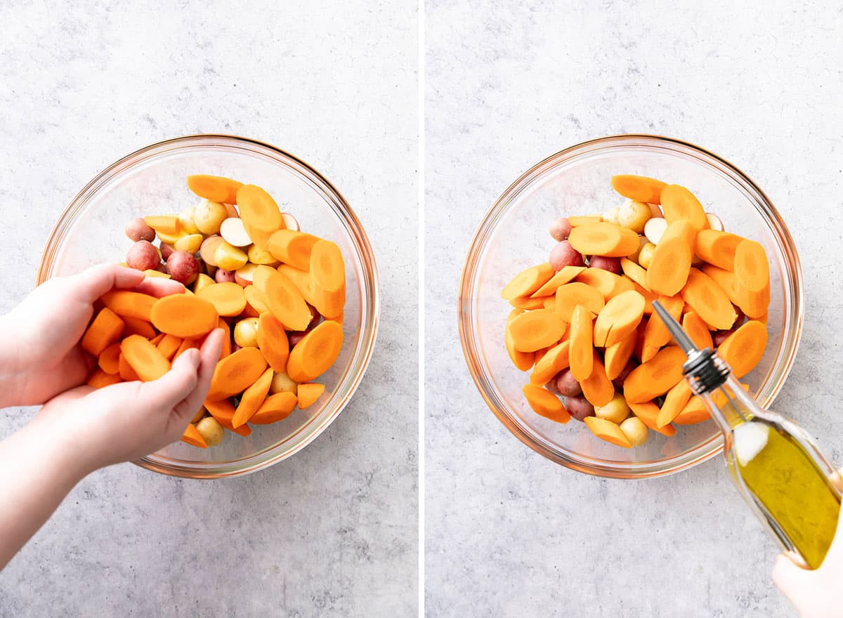 two photos showing how to make roasted potatoes and carrots - pouring oil over carrots in mixing bowl