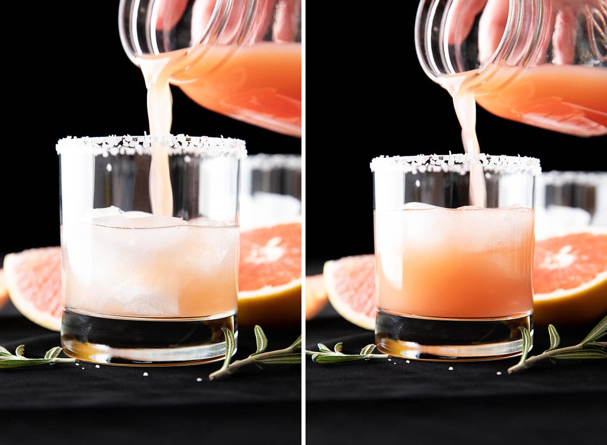 hand pouring Salty Dog Cocktail mixture over rocks in glass