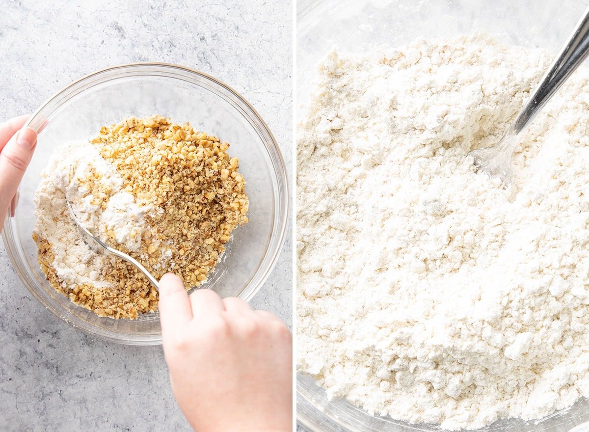 Two photos showing How to Make Snowball Cookies with Pecans – mixing together dry ingredients including flour, walnuts, and salt.