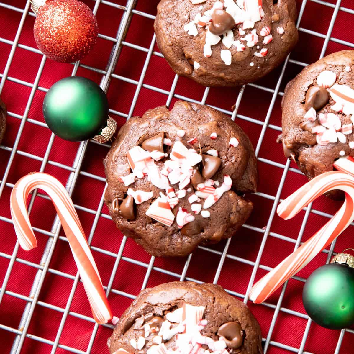 chocolate peppermint cookies on a cooling rack