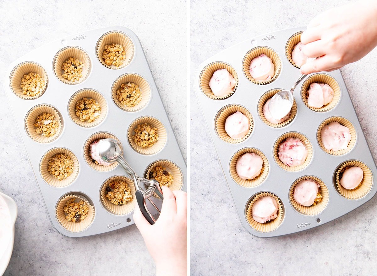 Two photos showing How to Make Strawberry Yogurt Bites – scooping and smoothing yogurt layer over granola
