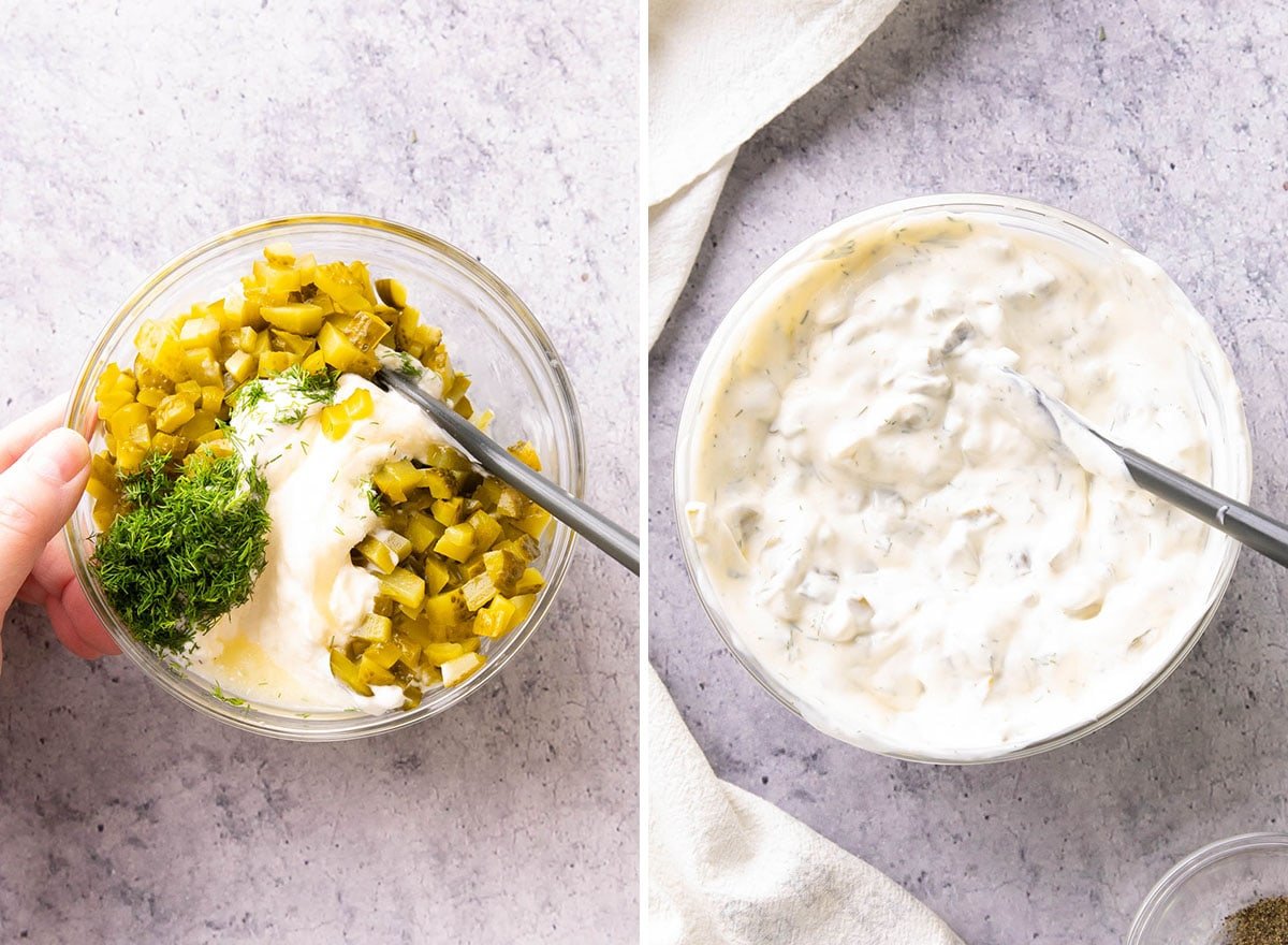 Stirring together the ingredients for this easy recipe in a bowl with before and after photos