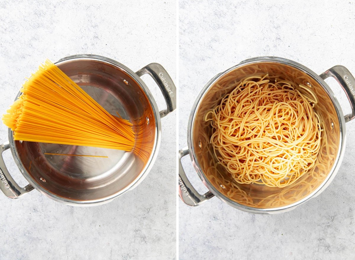 Two photos showing How to Make Tomato Basil Pasta – cooking pasta