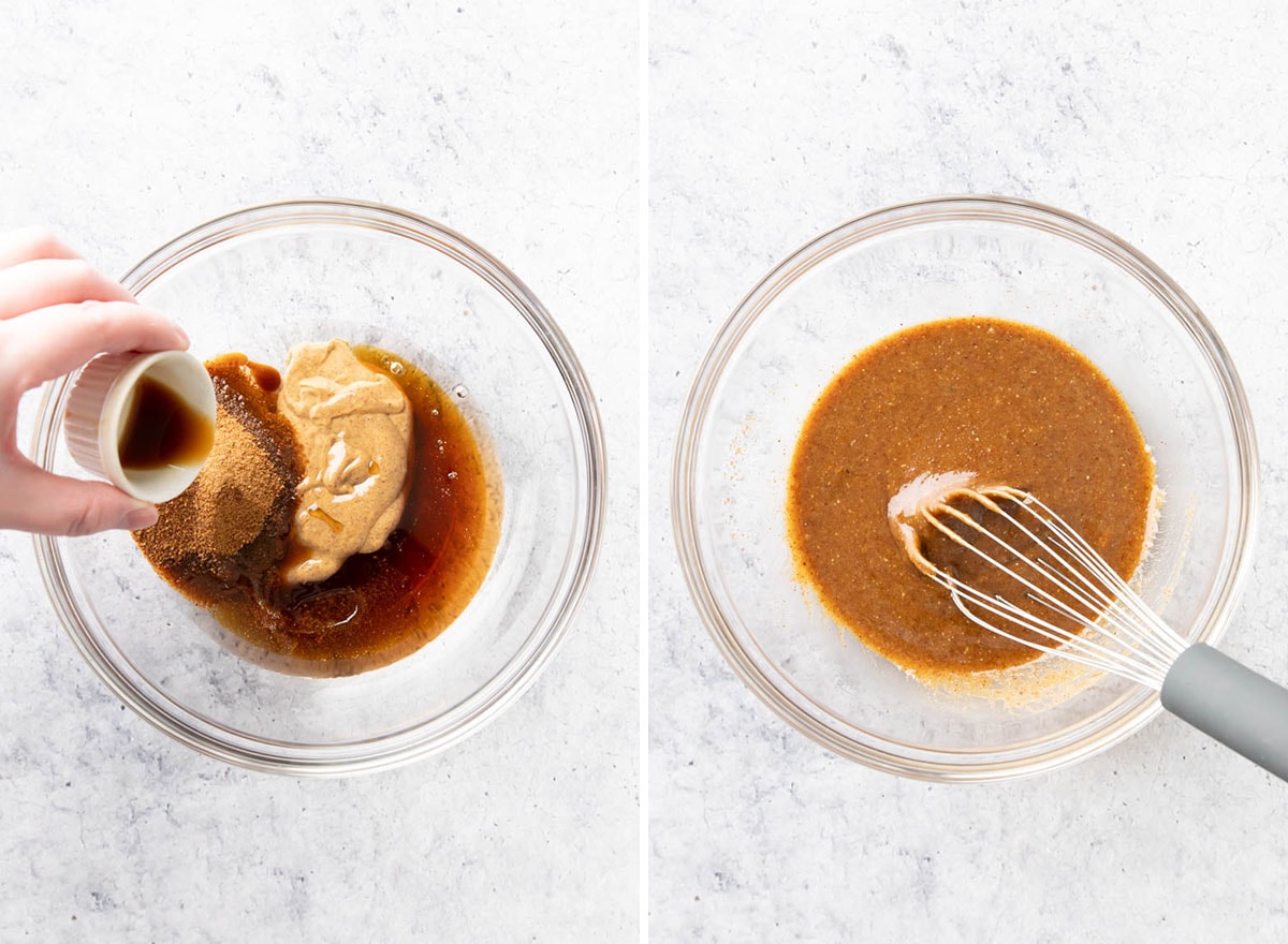 Two photos showing How to Make Vegan Oatmeal Cookies – whisking wet ingredients together in a mixing bowl