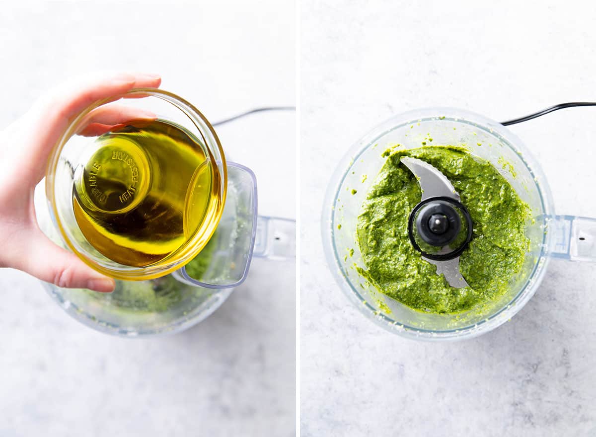 Two photos showing How to Make this recipe – adding olive oil