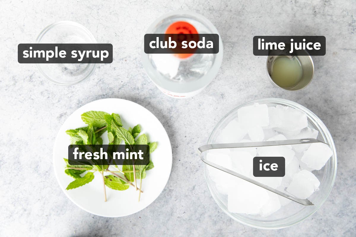 The ingredients for this recipe for virgin mojito cocktail including simple syrup, club soda, lime juice, fresh mint, and ice.