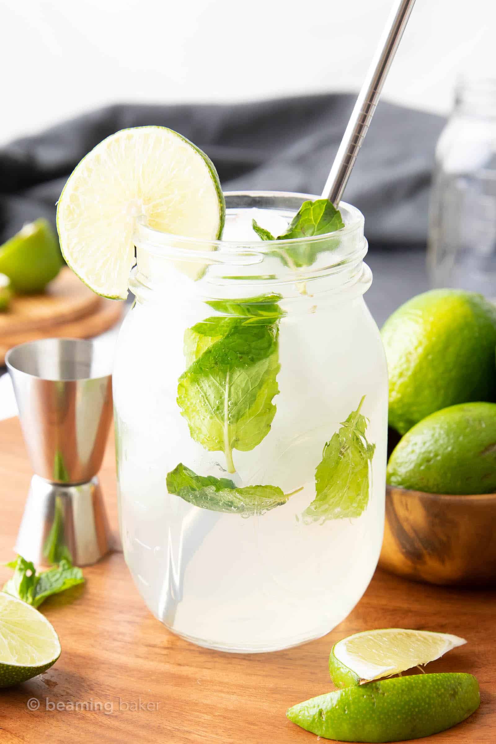 far view of virgin mojito recipe in a mason jar with mint leaves